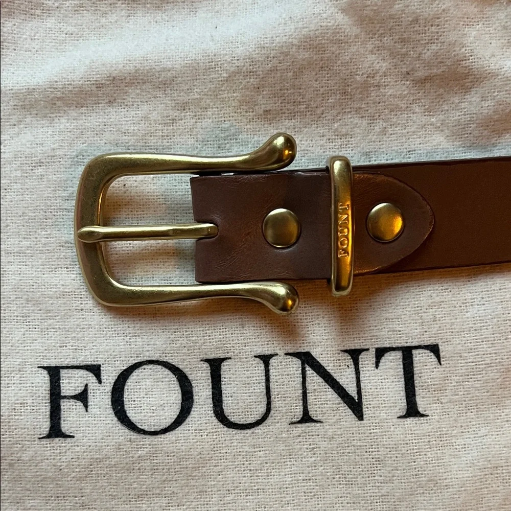 Fount Brown Leather Belt with Signature Gold Buckle (Size 37) - Picture 2 of 3
